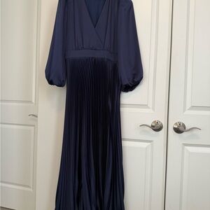 Adelyn Rae Pleated Satin V Neck MIDI Dress